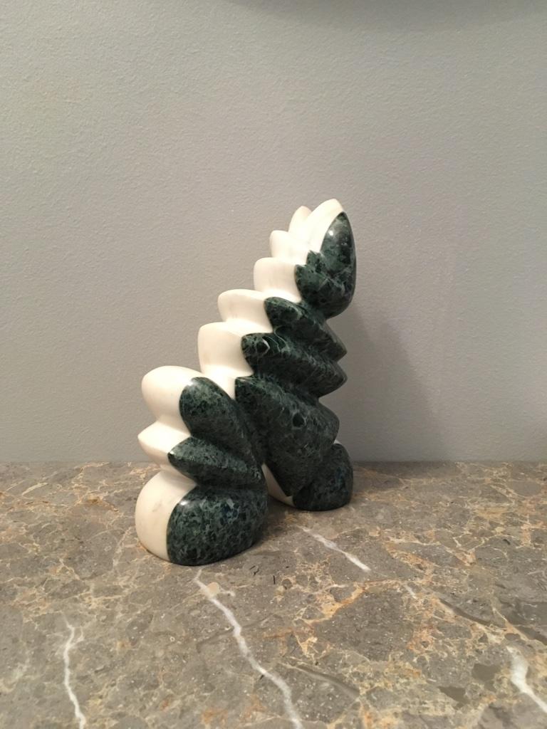 Post-Modern Hand Carved Memphis Style White and Green Marble Sculpture by Jencik, Unsigned