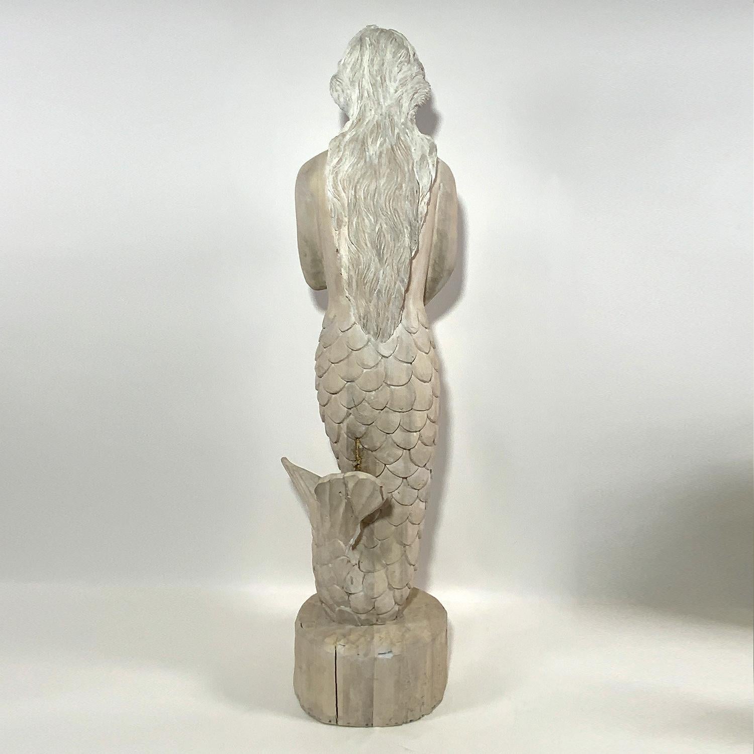 Hand Carved Mermaid Figure In Good Condition In Norwell, MA