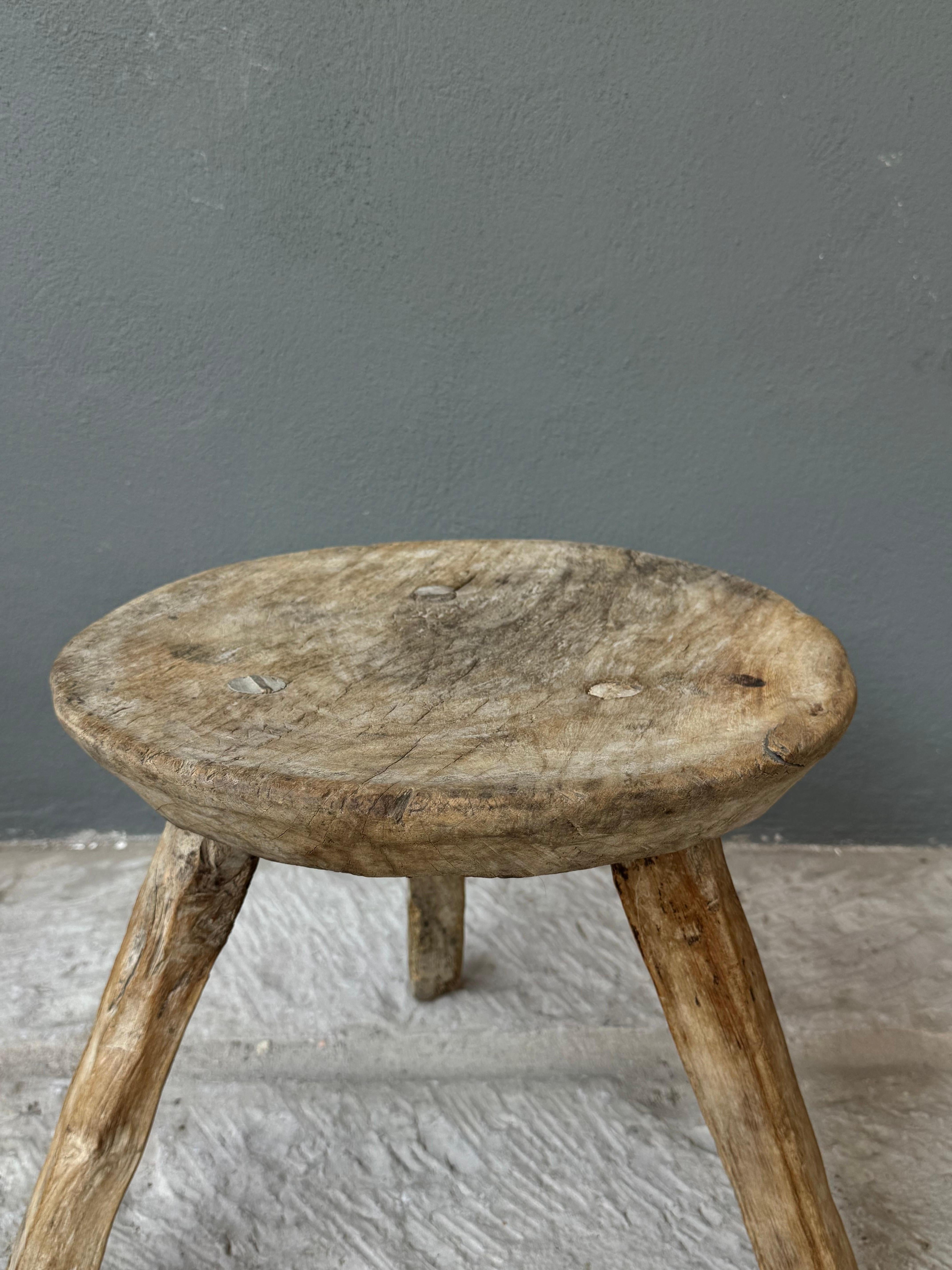 Mexican Hand-Carved Mesquite Stool From San Felipe, Guanajuato, Circa 1930´s.