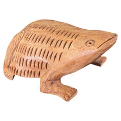 Hand-Carved Mid-20th Century Wooden Frog Sculpture with Incised Detailing
