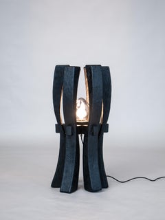 Hand-Carved UK Mid-Century Light Solid Wood Sculptural Floor Lamp, VESSEL Black