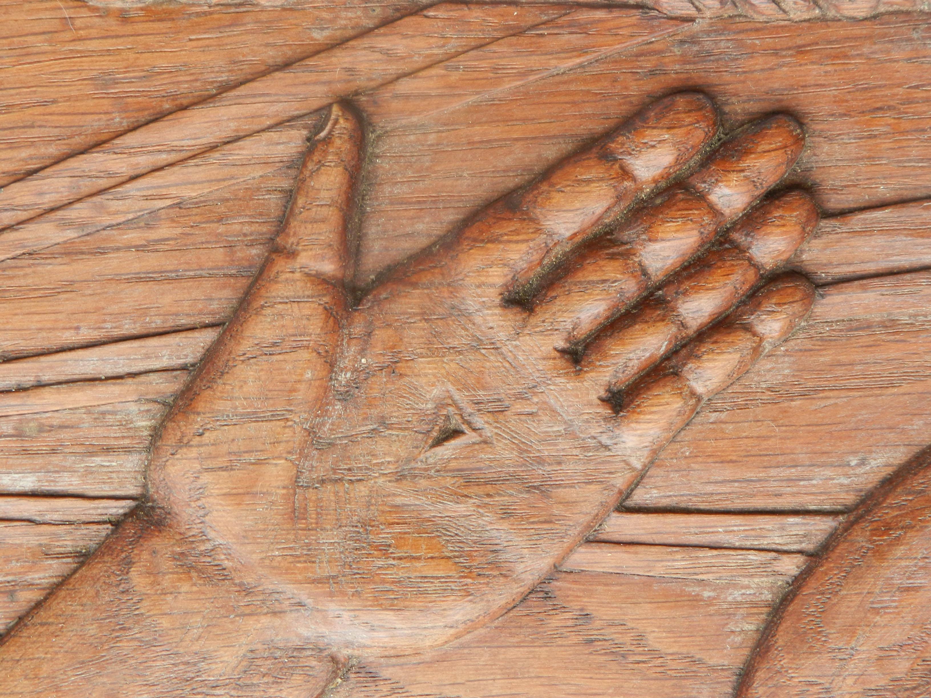 Oak Hand Carved Mid Century Sculpture Jesus Hands Wall Decoration French For Sale