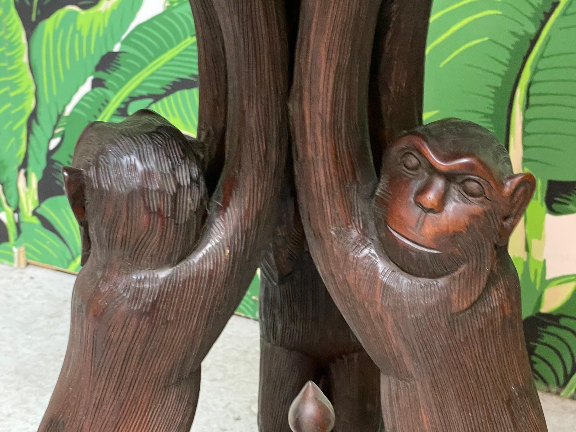 Hand Carved Monkey Pedestal Tables, a Pair In Good Condition For Sale In Jacksonville, FL