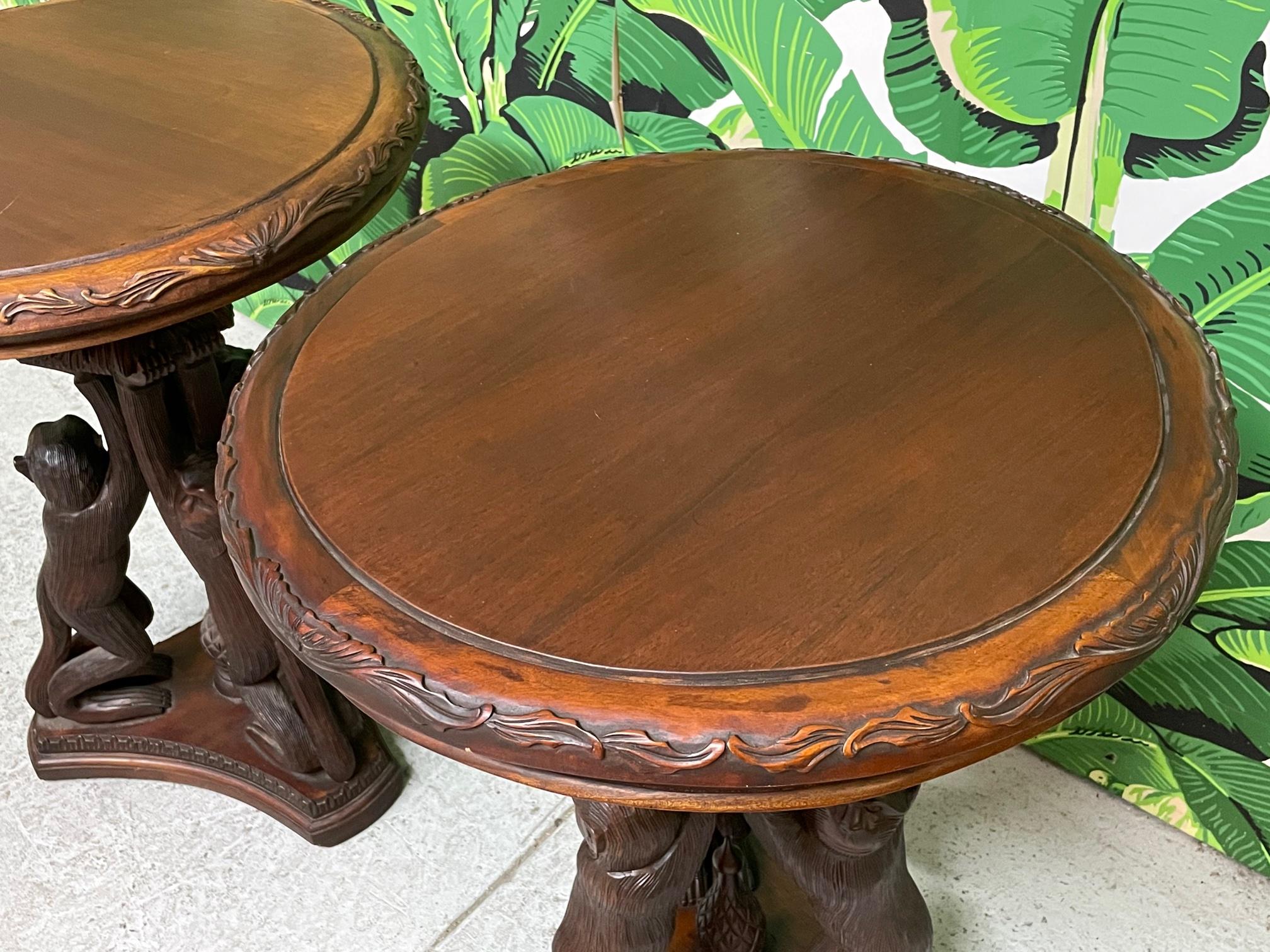 Wood Hand Carved Monkey Pedestal Tables, a Pair For Sale