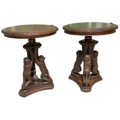 Hand Carved Monkey Pedestal Tables, a Pair