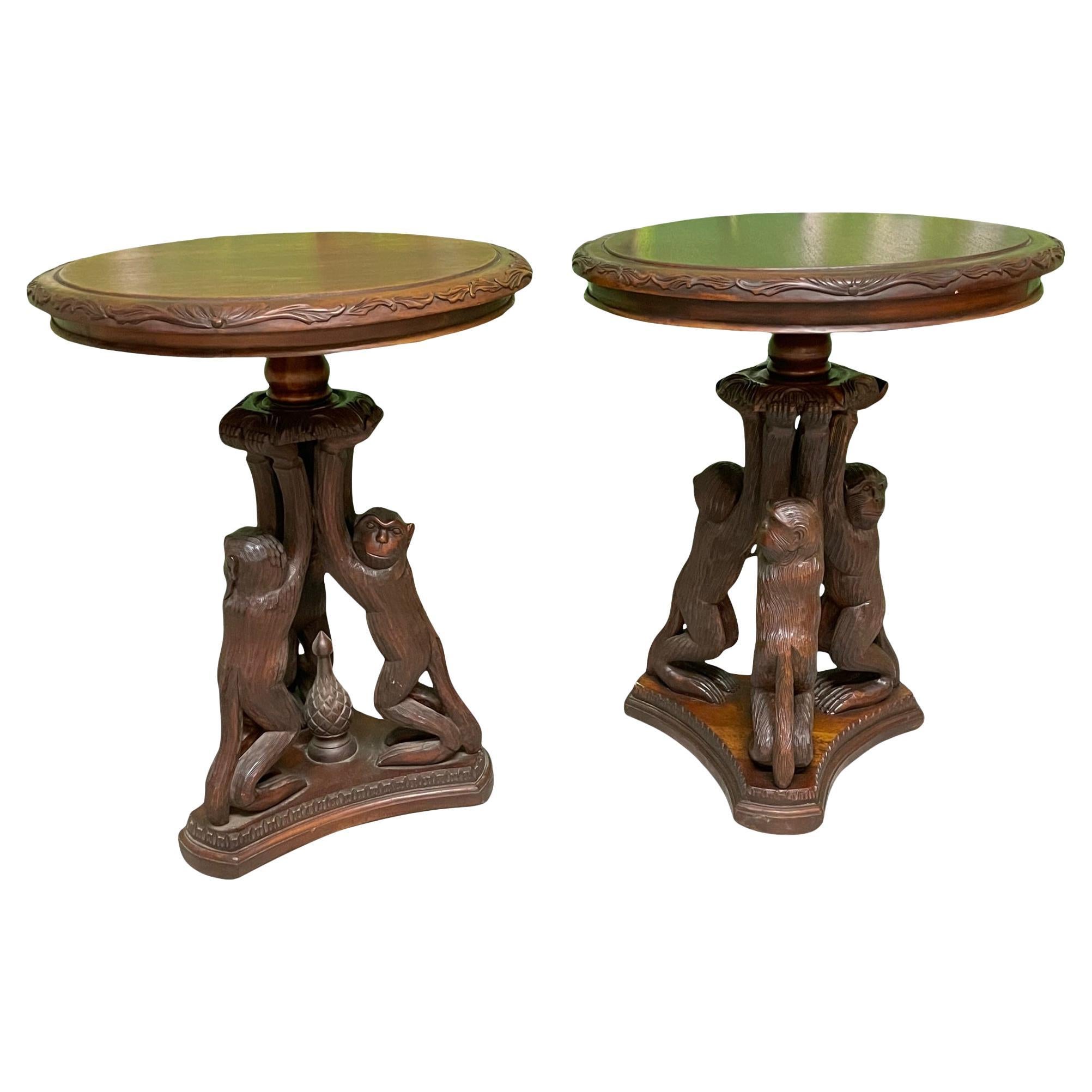 Hand Carved Monkey Pedestal Tables, a Pair