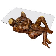 Hand Carved Monkey Pod Coffee Table with Lovers Embrace Sculpture