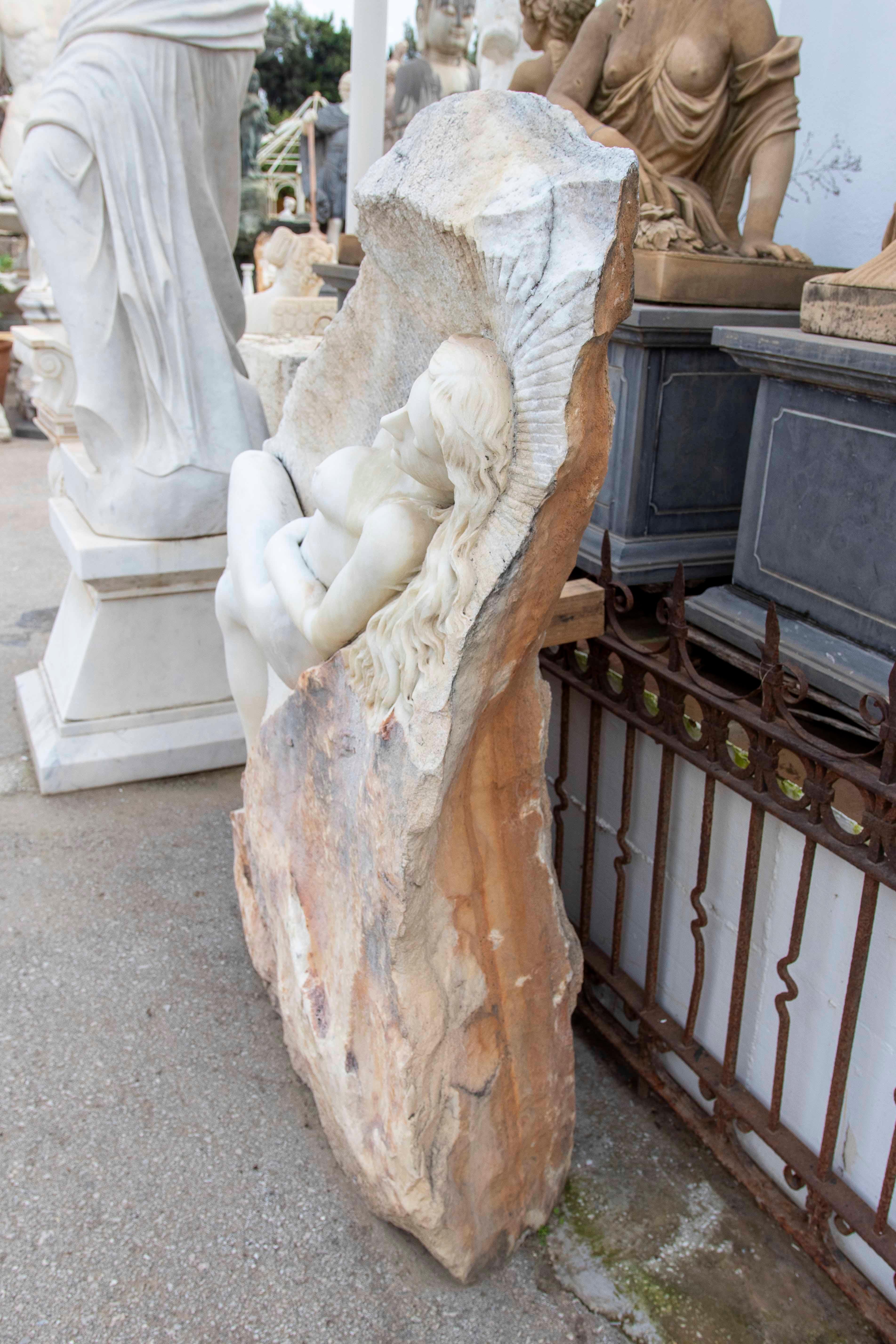Hand Carved Monumental Sculpture of a Woman on Marble Rock. For Sale 1