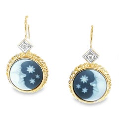 Hand Carved "Moon and Stars" Agate Cameo and Diamond Drop Earrings in 18k Gold
