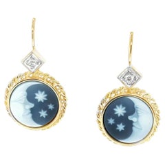 Hand Carved "Moon and Stars" Agate Cameo and Diamond Drop Earrings in 18k Gold