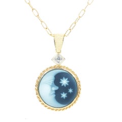 Hand Carved "Moon and Stars" Agate Cameo and Diamond Pendant in 18k Gold