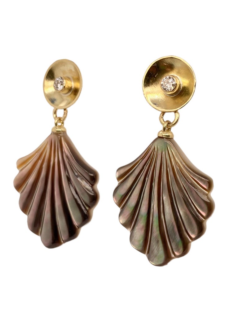 Hand-carved Mother of Pearl and Black Lip Mussel Earrings with Diamonds ...