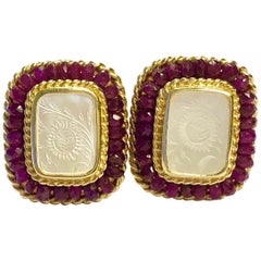 Hand-Carved Mother-of-Pearl and Ruby Gold Earrings by Inge