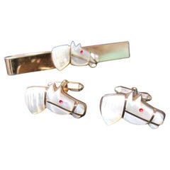 Used Hand Carved Mother of Pearl Equine Cufflinks & Tie Bar Set c 1950s