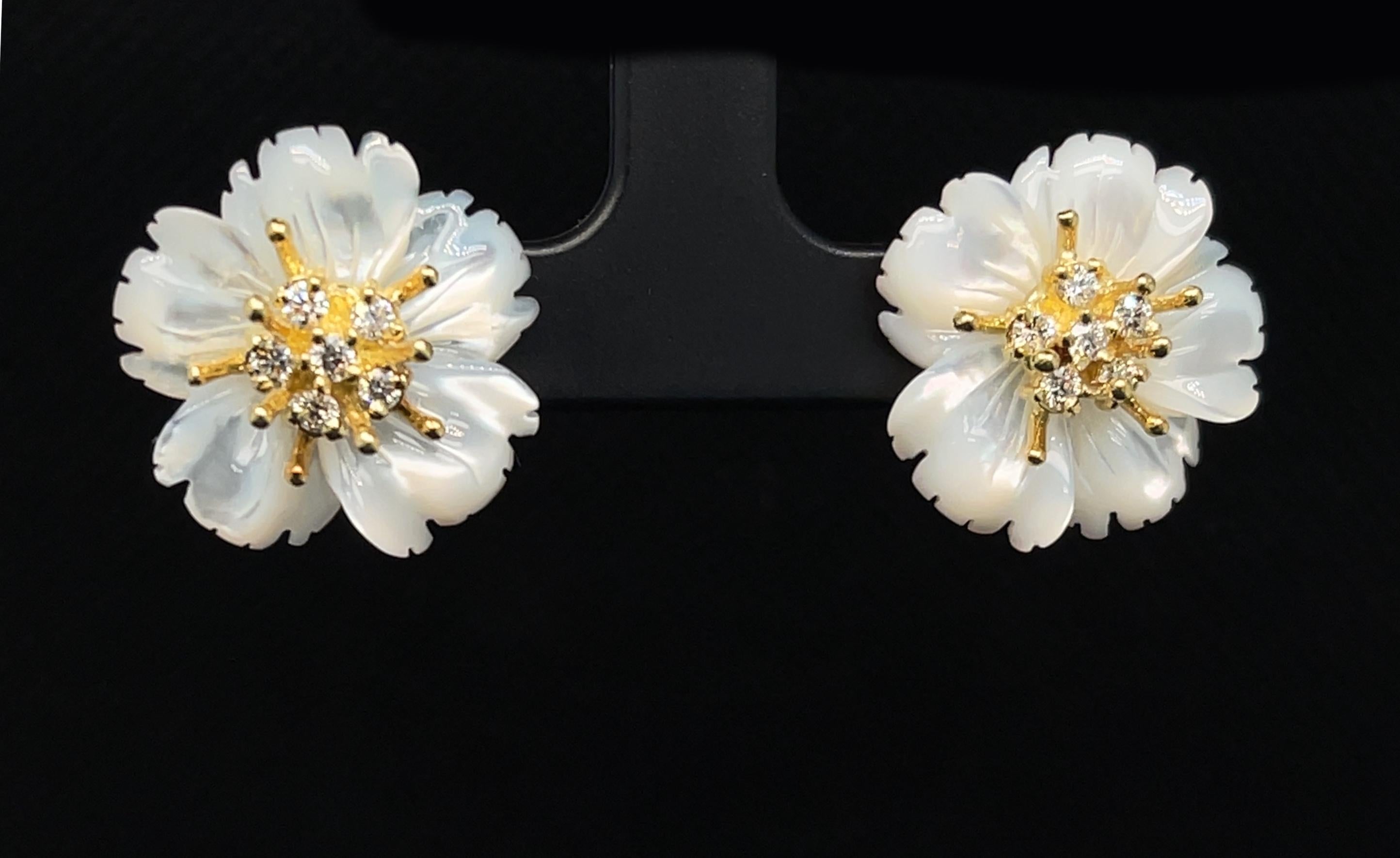 Hand Carved Mother of Pearl Flower Earring Jackets with Diamond Stamen