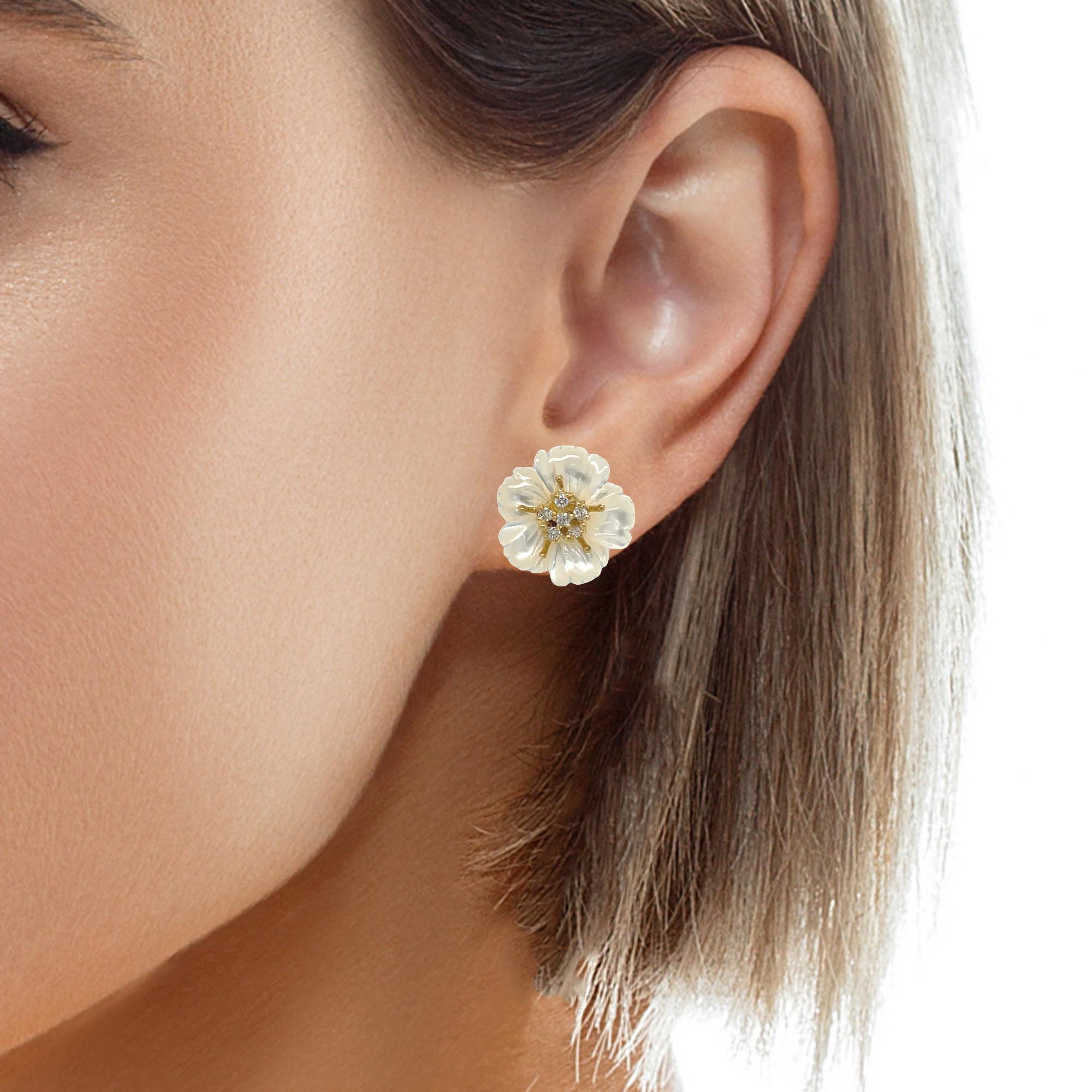 Brilliant Cut Hand Carved Mother of Pearl Flower Earring Jackets with Diamond Stamen Posts For Sale