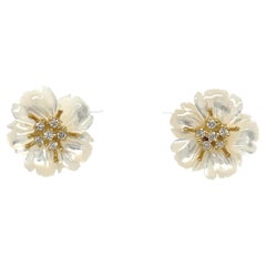 Hand Carved Mother of Pearl Flower Earring Jackets with Diamond Stamen Posts