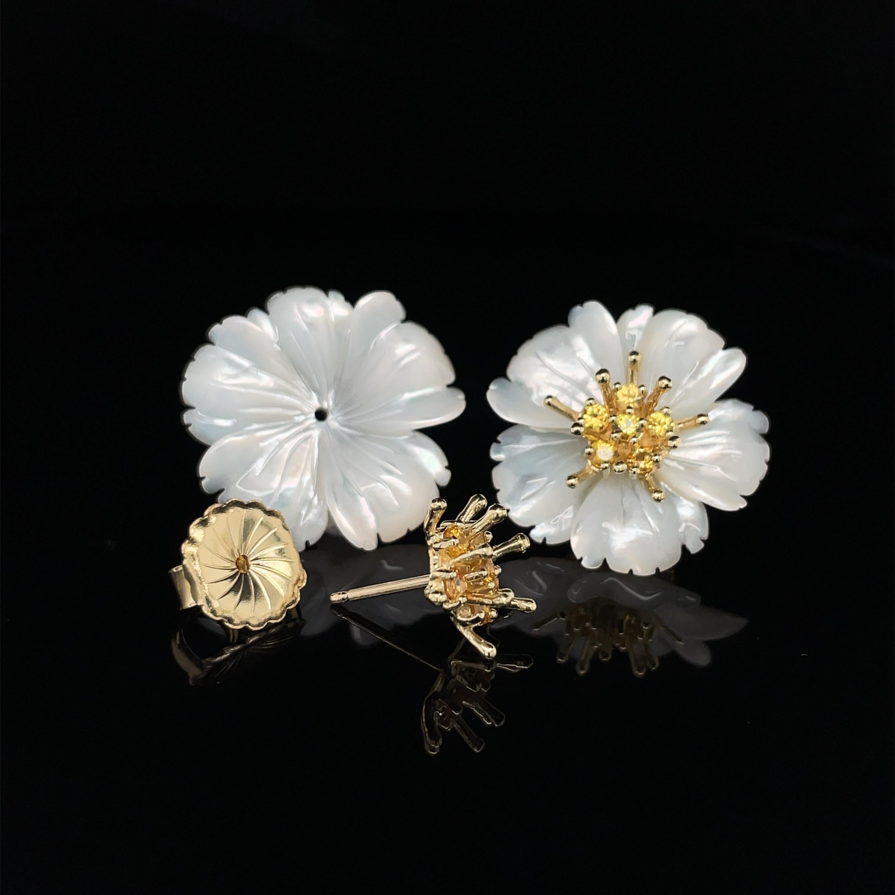 Hand Carved Mother-of-Pearl Flower Earrings 18K Gold Yellow Sapphire Stamens 3
