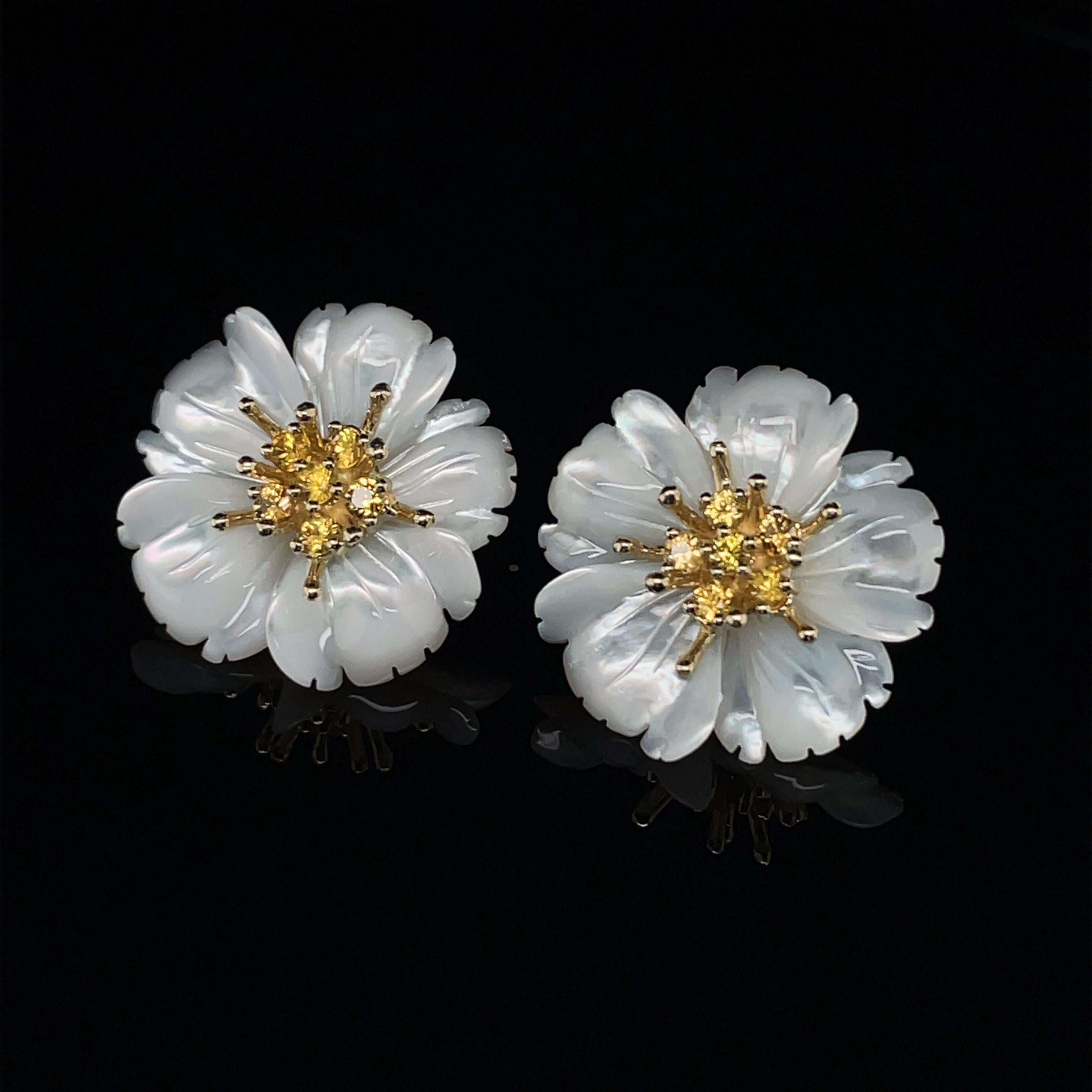 Artisan Hand Carved Mother-of-Pearl Flower Earrings 18K Gold Yellow Sapphire Stamens