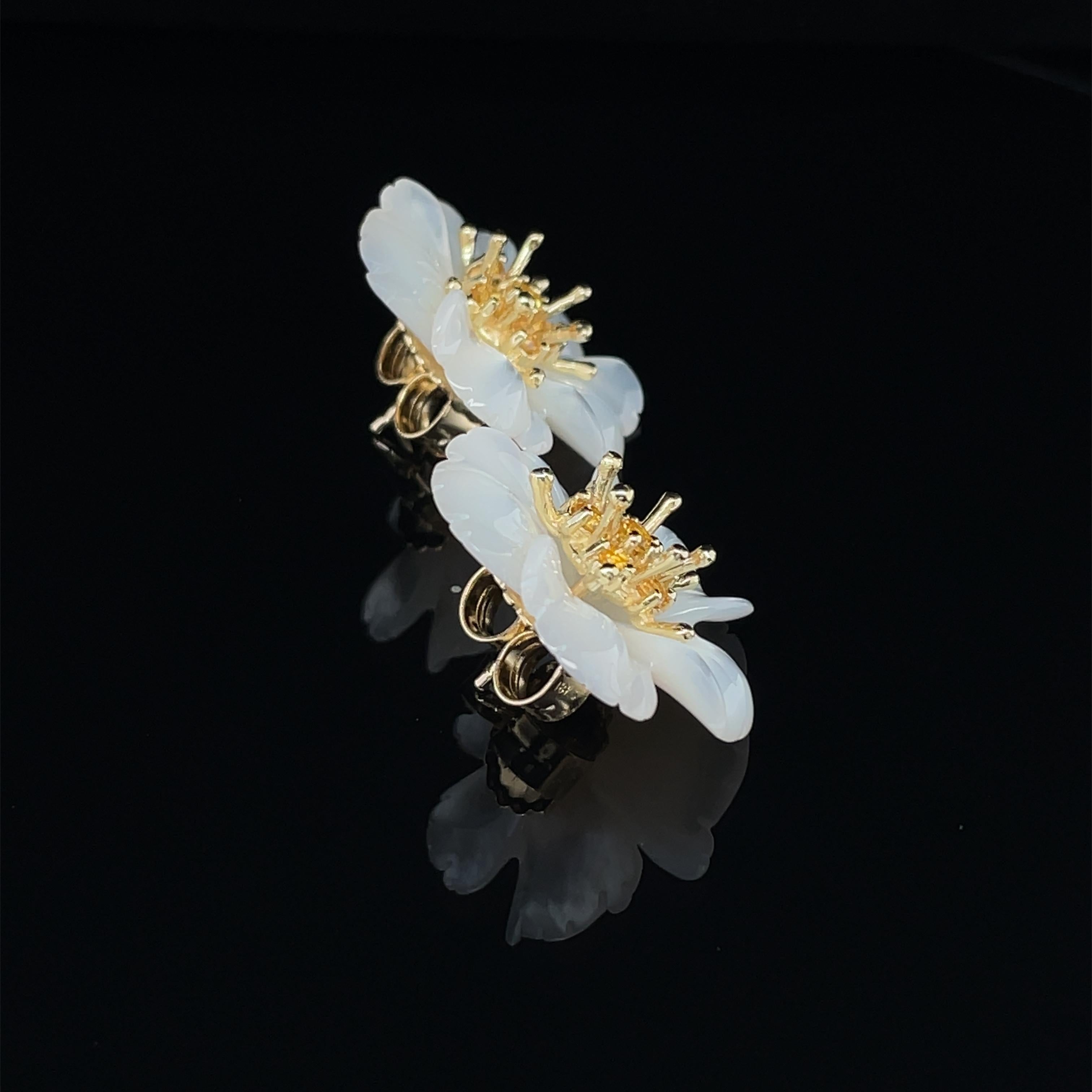 Brilliant Cut Hand Carved Mother-of-Pearl Flower Earrings 18K Gold Yellow Sapphire Stamens