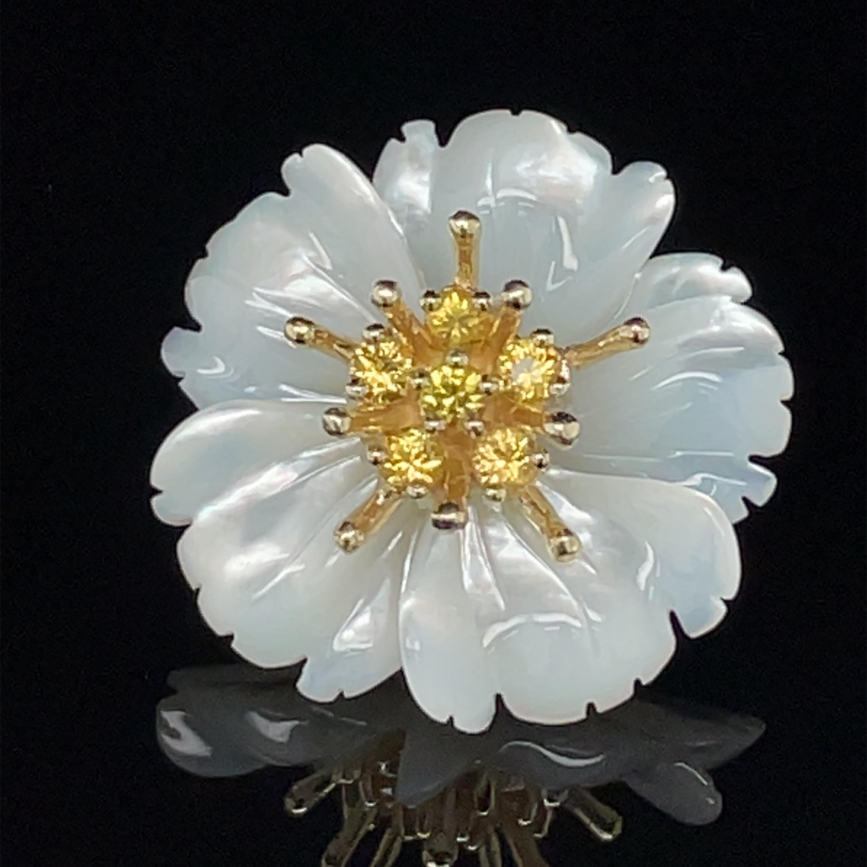 Women's or Men's Hand Carved Mother-of-Pearl Flower Earrings 18K Gold Yellow Sapphire Stamens