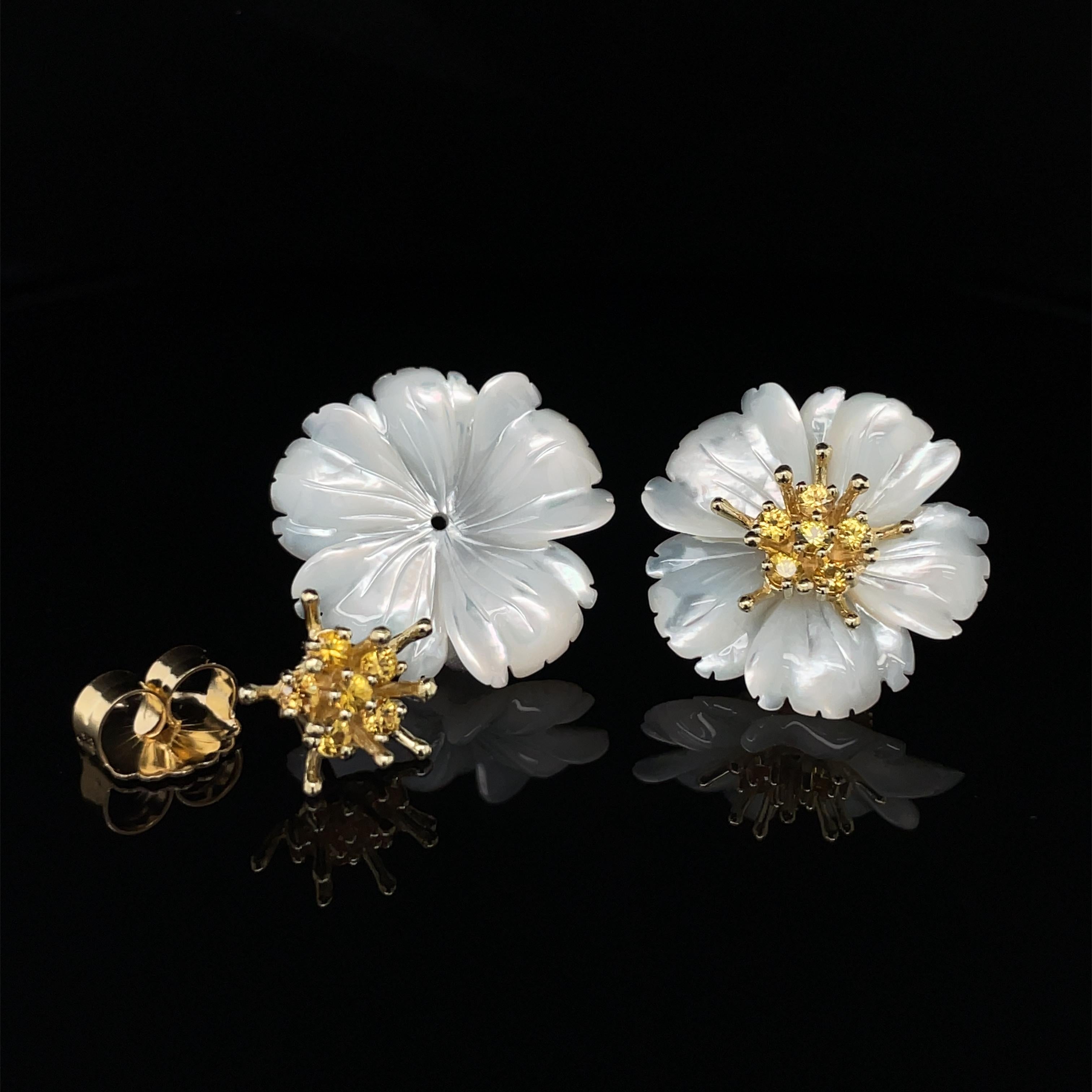 Hand Carved Mother-of-Pearl Flower Earrings 18K Gold Yellow Sapphire Stamens 1