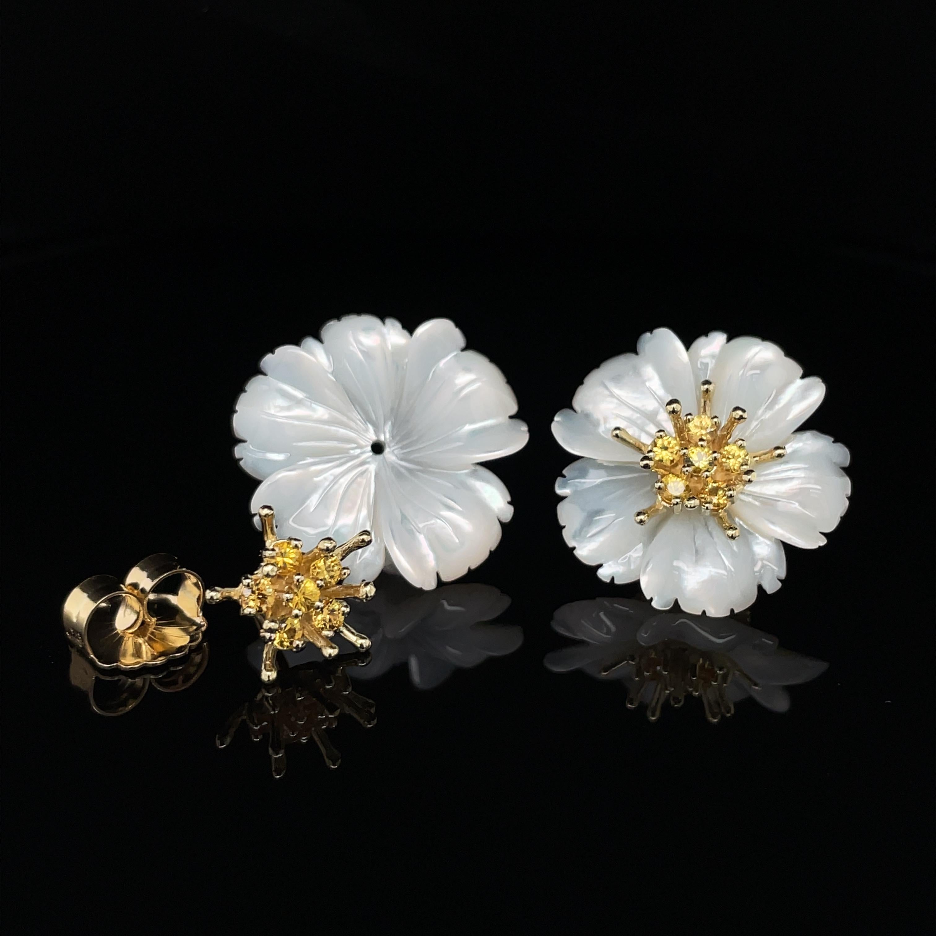 Hand Carved Mother-of-Pearl Flower Earrings 18K Gold Yellow Sapphire Stamens 2