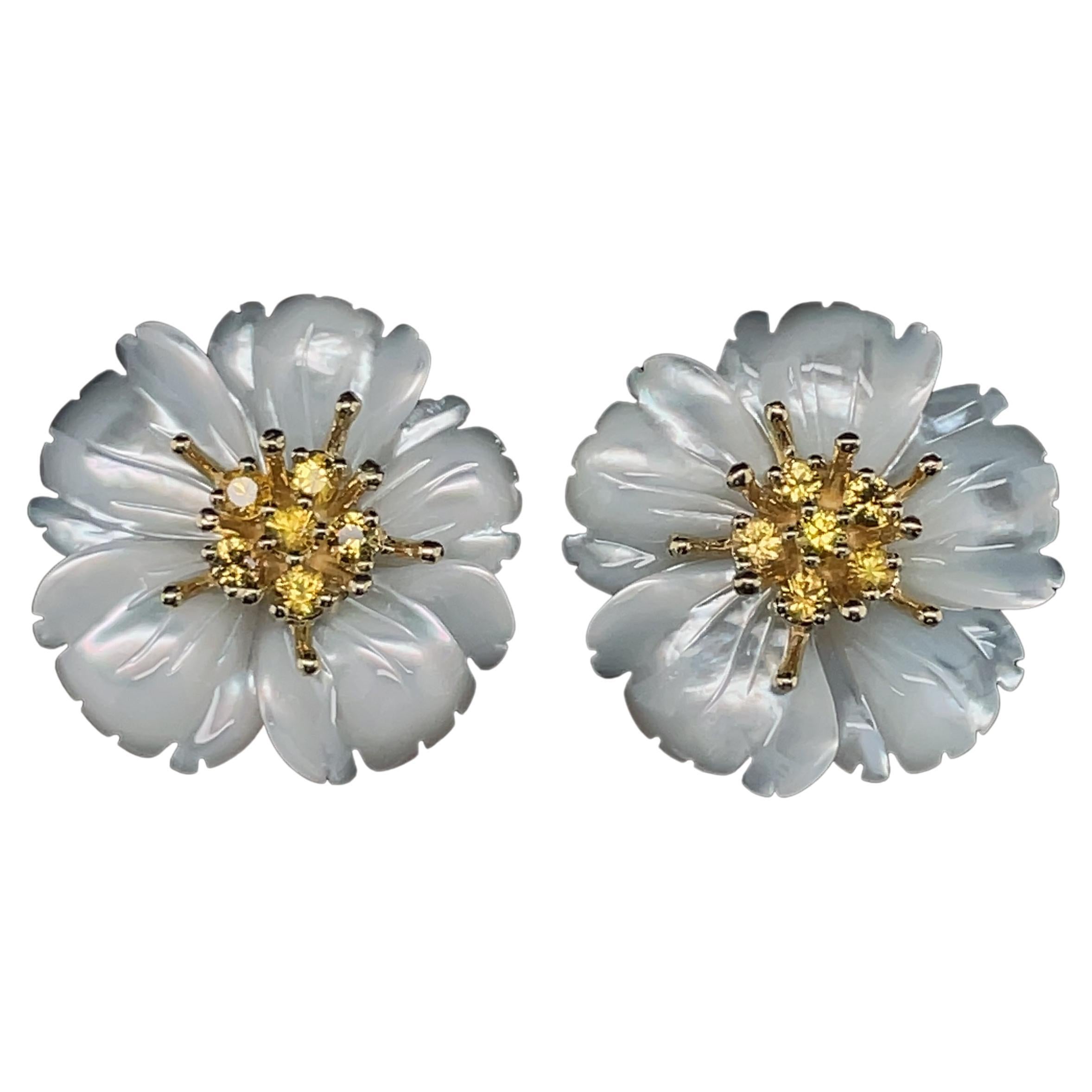 Hand Carved Mother-of-Pearl Flower Earrings 18K Gold Yellow Sapphire Stamens
