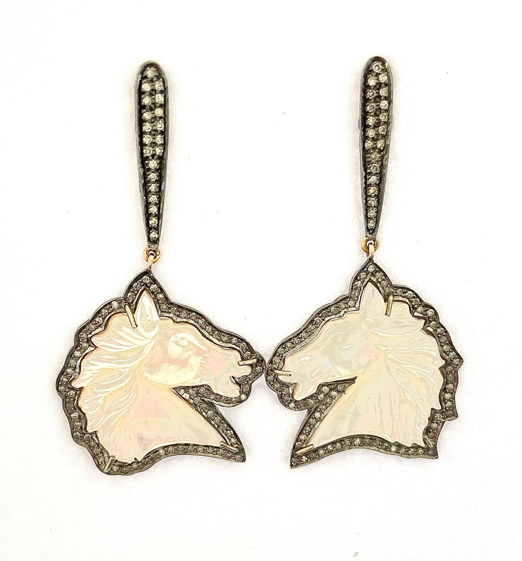 Artisan Hand Carved Mother of Pearl Horses with Pave Diamonds Earrings For Sale