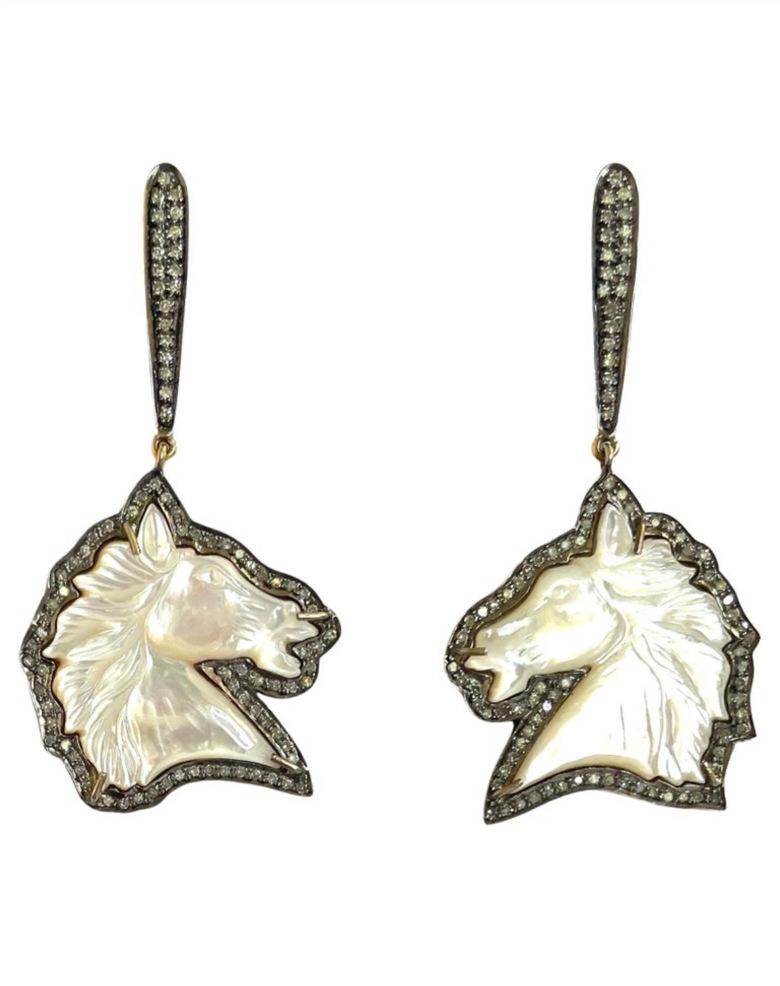 Bead Hand Carved Mother of Pearl Horses with Pave Diamonds Earrings For Sale