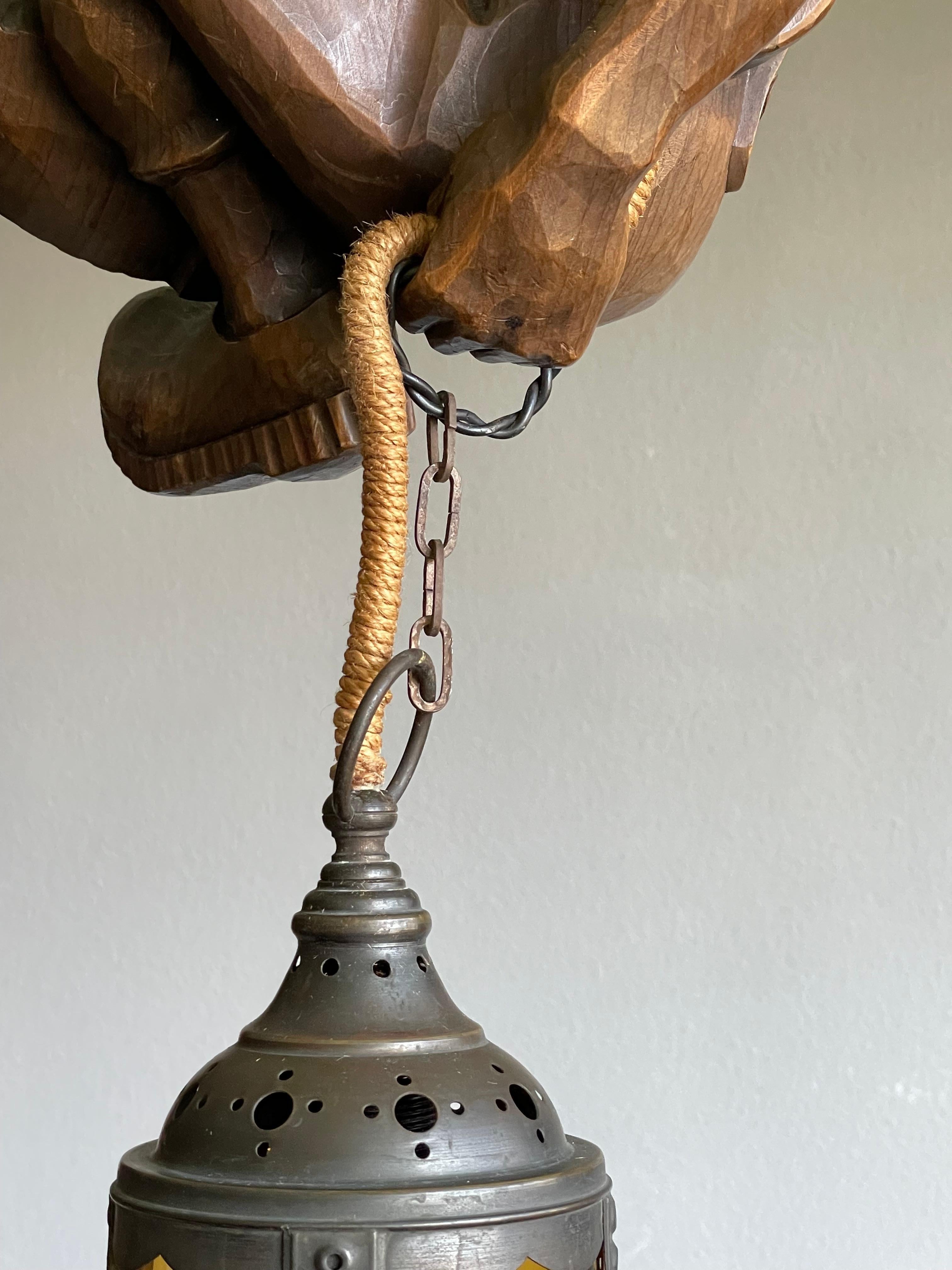 Hand Carved Mountaineer Sculpture Pendant Light w. Brass Arts & Crafts Lantern For Sale 4