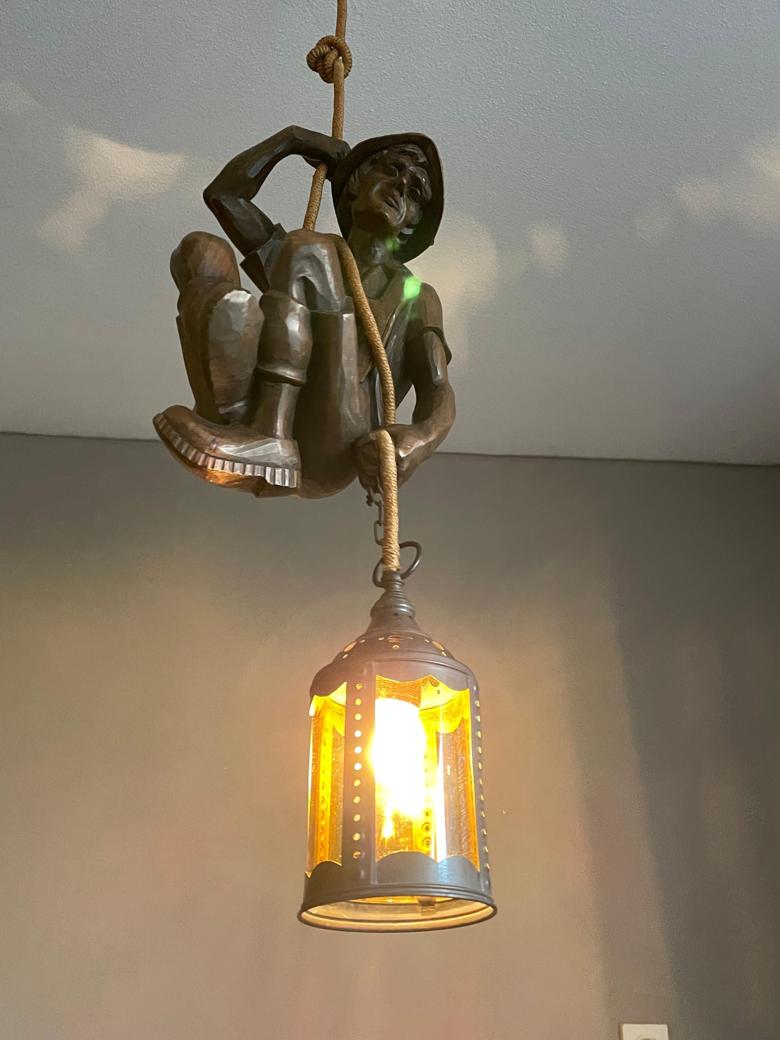 Hand Carved Mountaineer Sculpture Pendant Light w. Brass Arts & Crafts Lantern For Sale 5