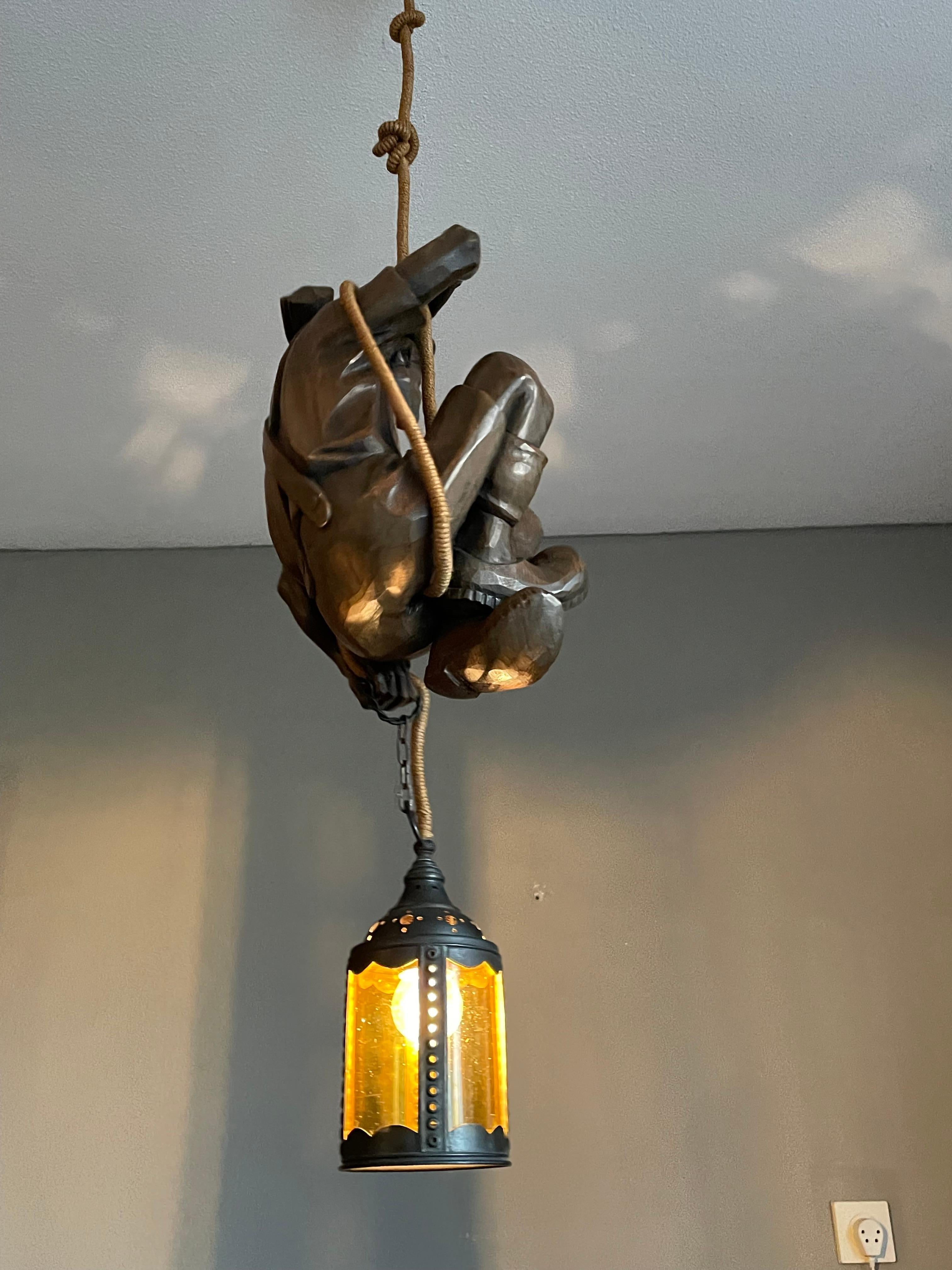 Hand Carved Mountaineer Sculpture Pendant Light w. Brass Arts & Crafts Lantern For Sale 6
