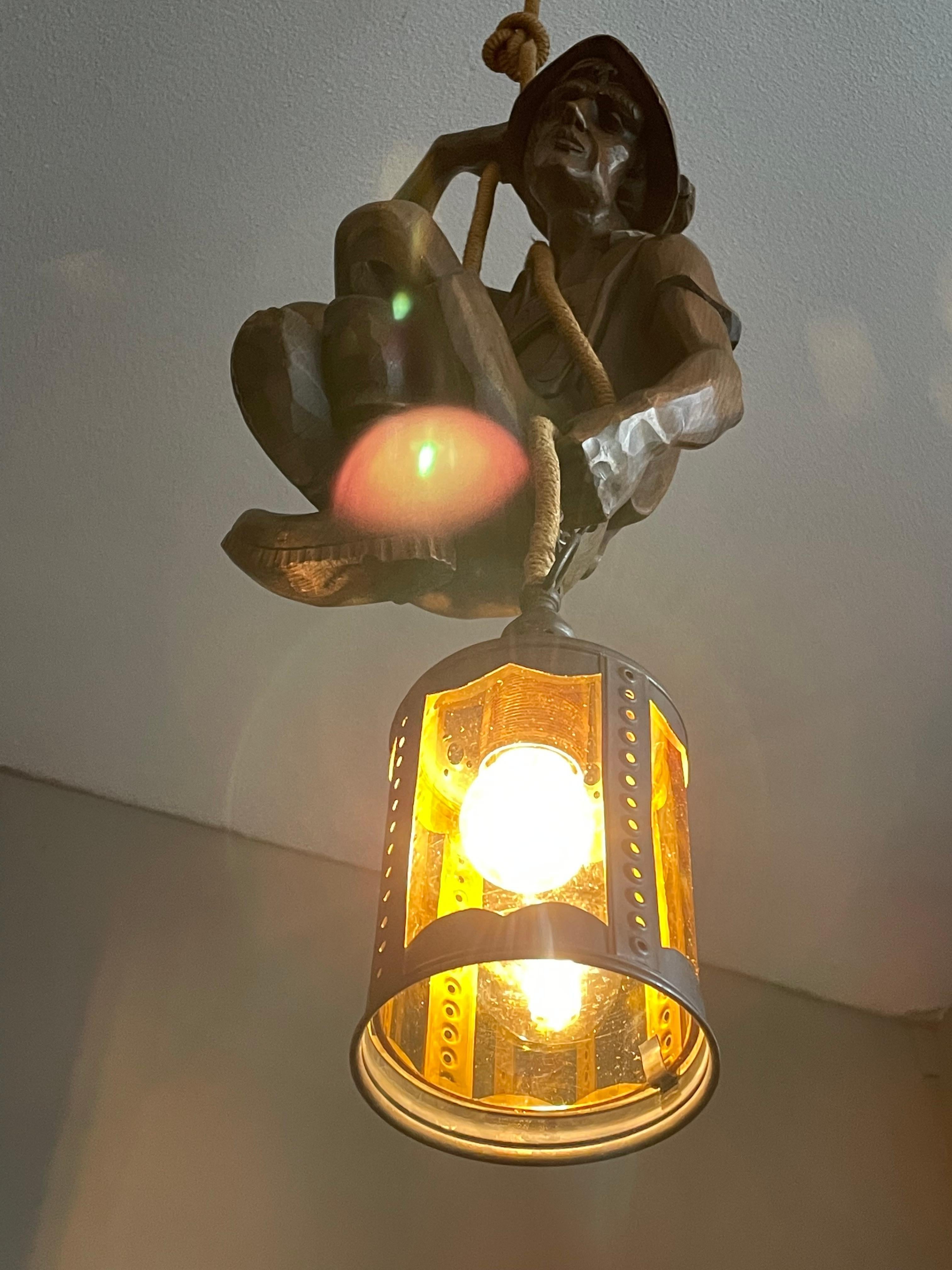 Hand Carved Mountaineer Sculpture Pendant Light w. Brass Arts & Crafts Lantern For Sale 7