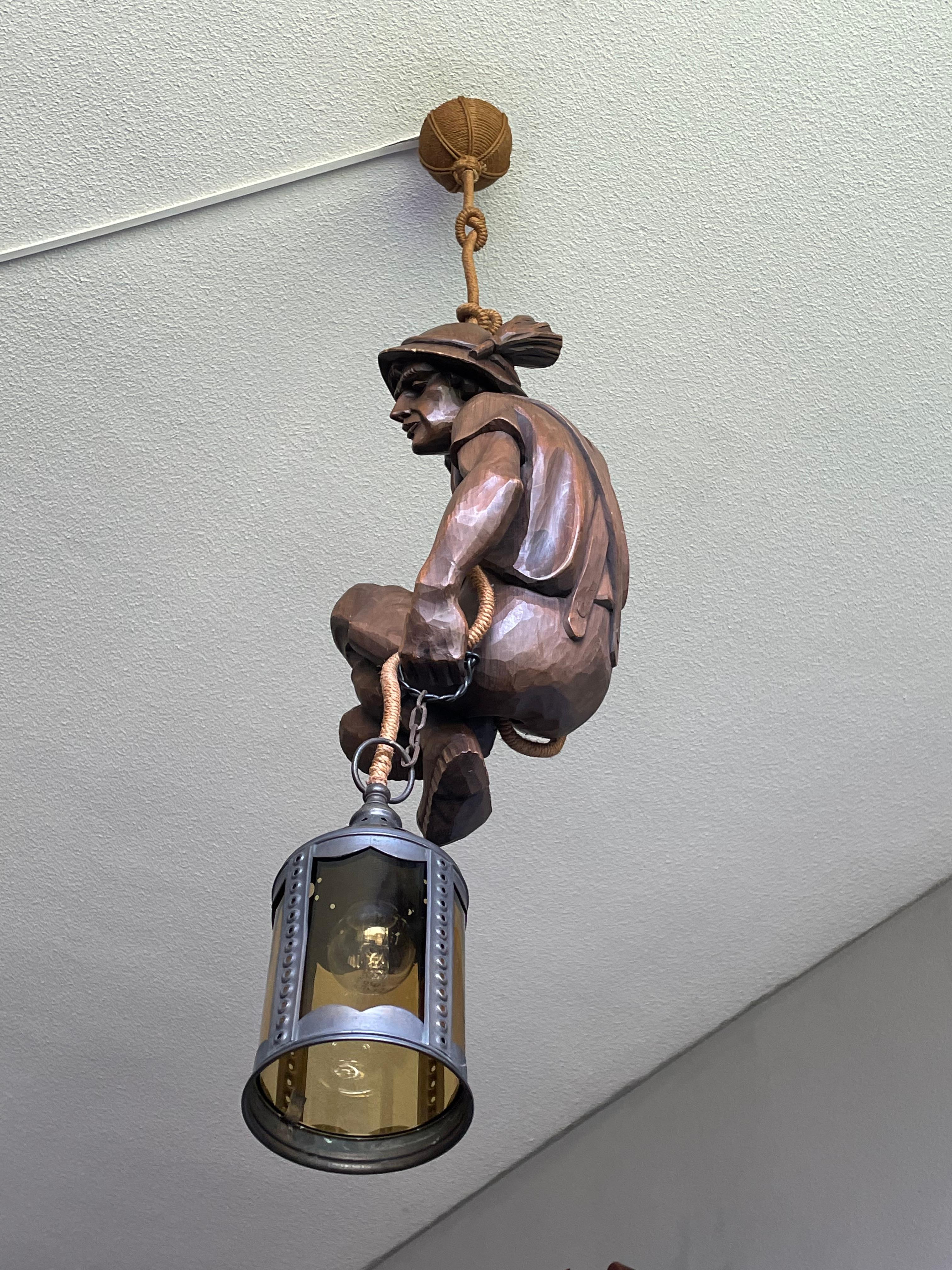 Hand Carved Mountaineer Sculpture Pendant Light w. Brass Arts & Crafts Lantern 8
