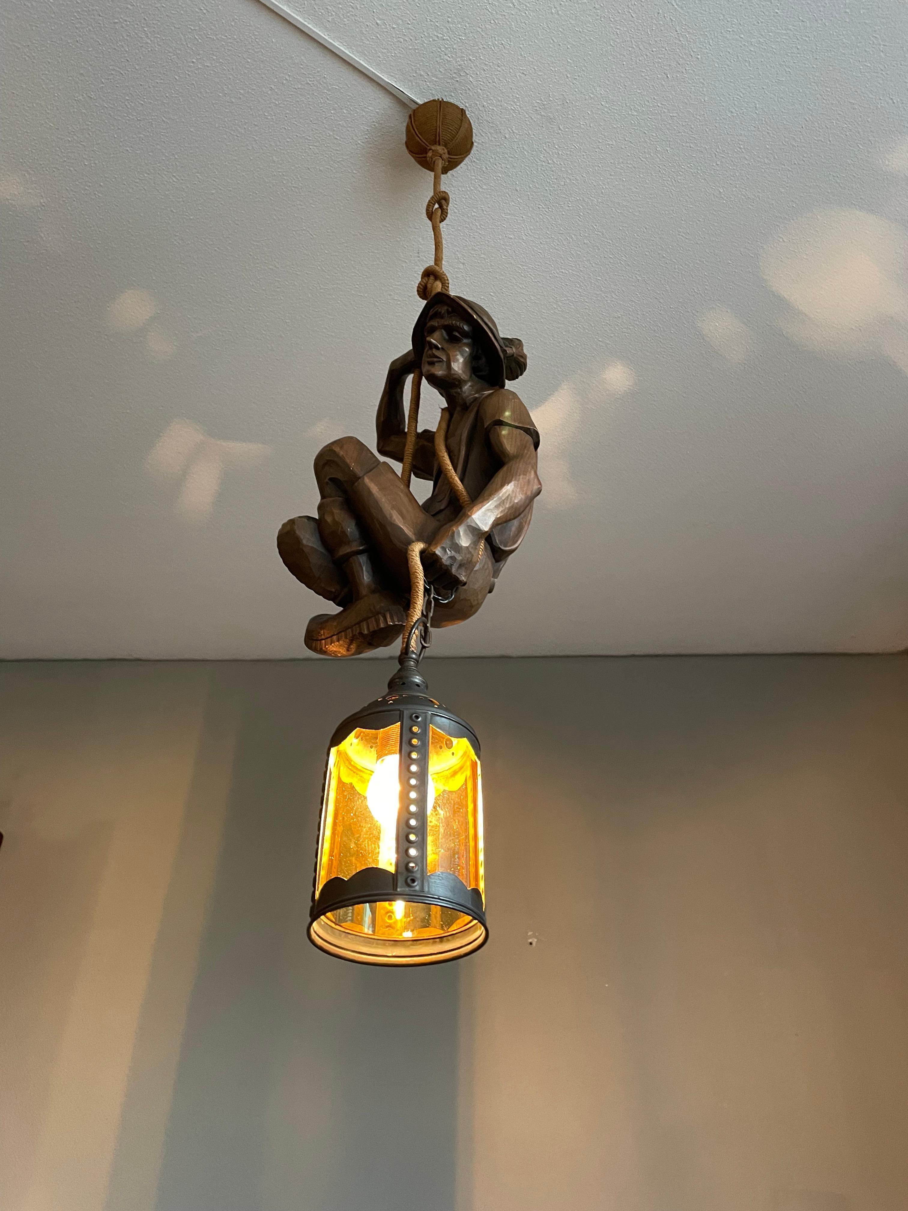 Hand Carved Mountaineer Sculpture Pendant Light w. Brass Arts & Crafts Lantern For Sale 9