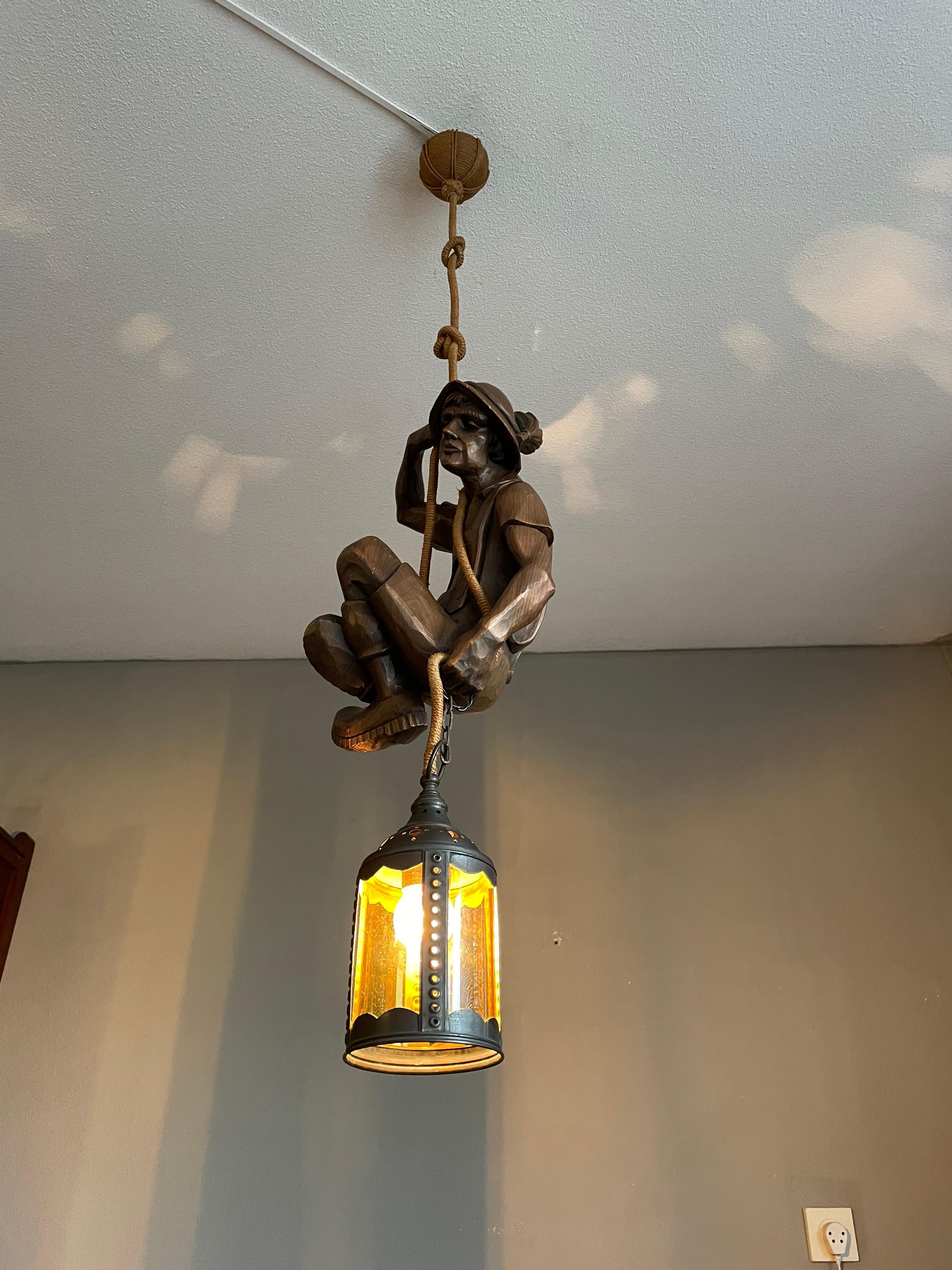 Black Forest Hand Carved Mountaineer Sculpture Pendant Light w. Brass Arts & Crafts Lantern For Sale