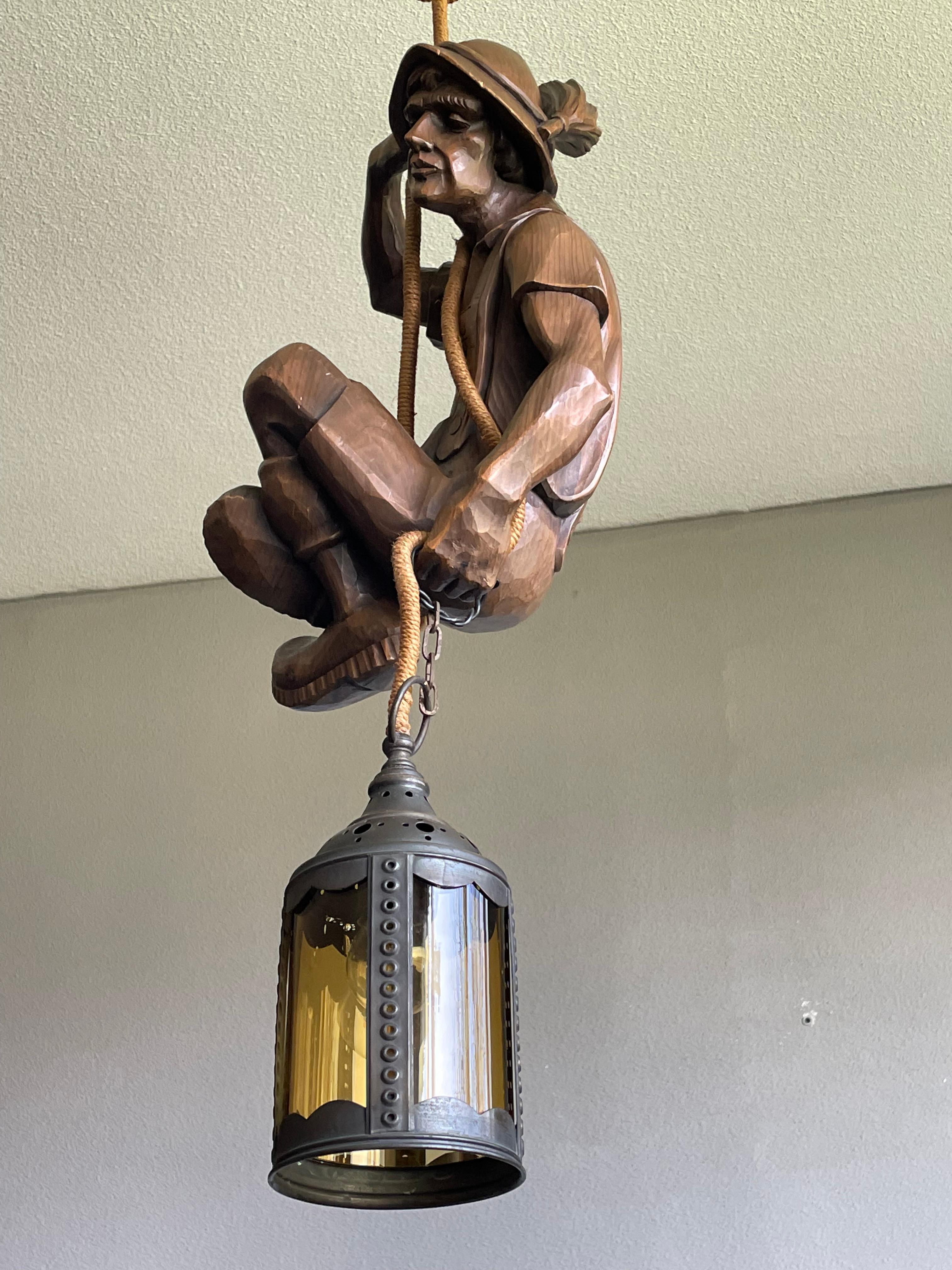 Hand-Knotted Hand Carved Mountaineer Sculpture Pendant Light w. Brass Arts & Crafts Lantern For Sale