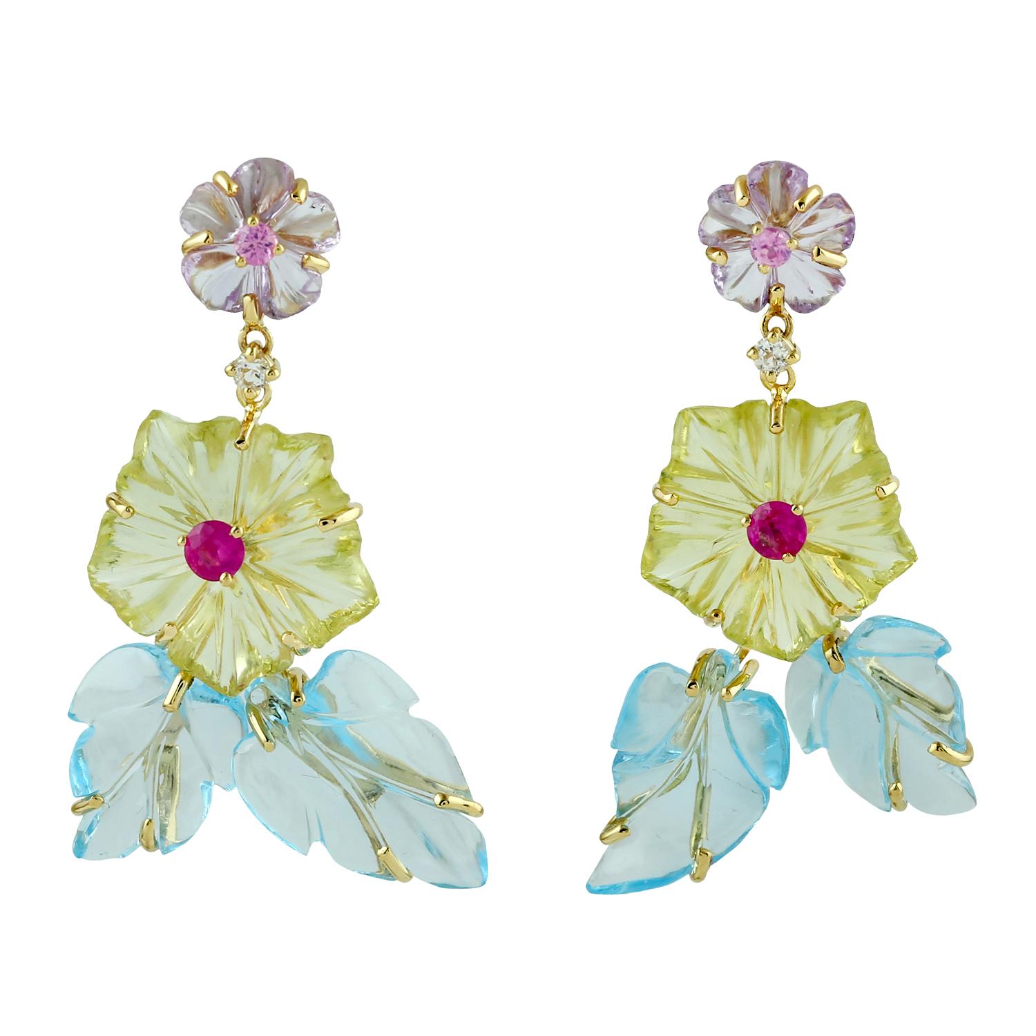 Pinhan Women Flower Drop Dangle Earrings Simulated Gems Opal Floral Shining Ear Gifts,blue 