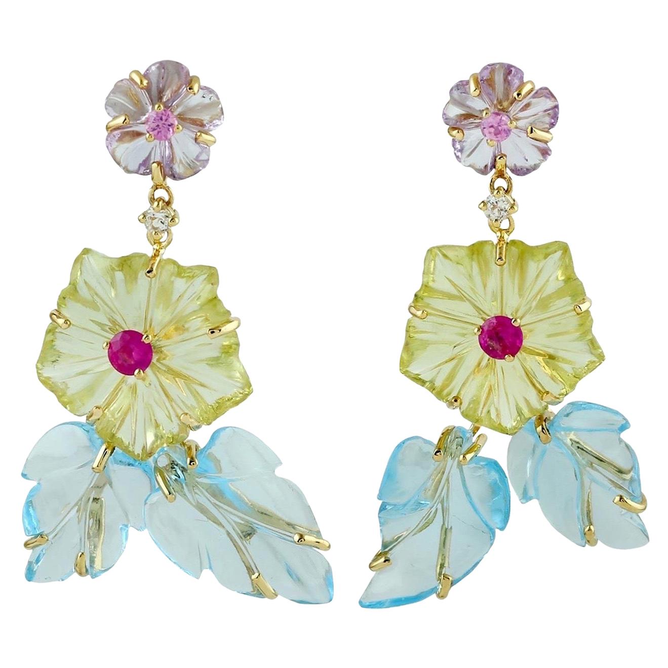 Pendientes Colgantes Flor Multigema Tallados a Mano