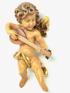 Hand Carved Musician Cherub Angel Playing Guitar, ANRI, Italy, 1960s