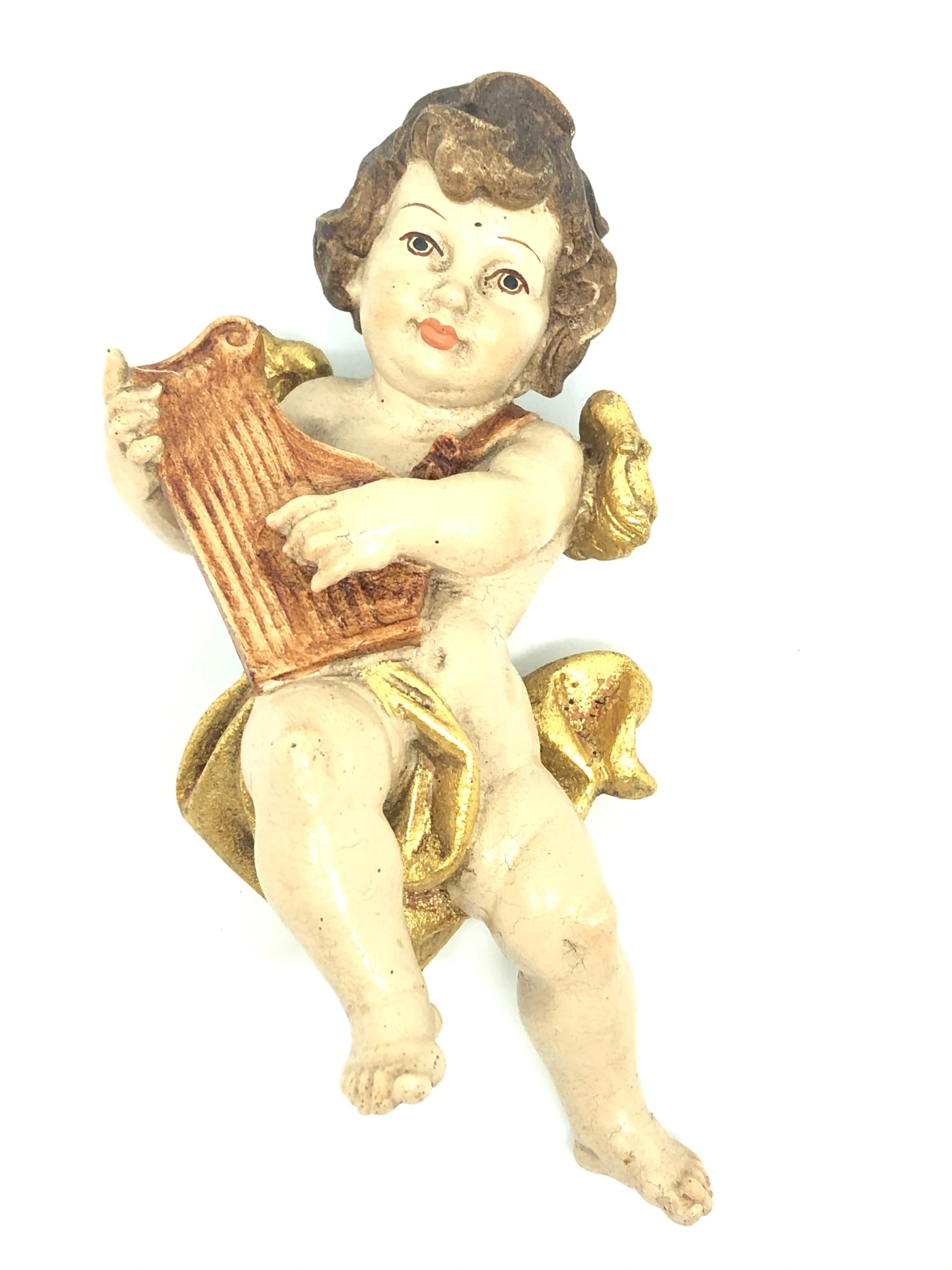 Baroque Hand Carved Musician Cherub Angel Playing Harp, 1950s German Oberammergau