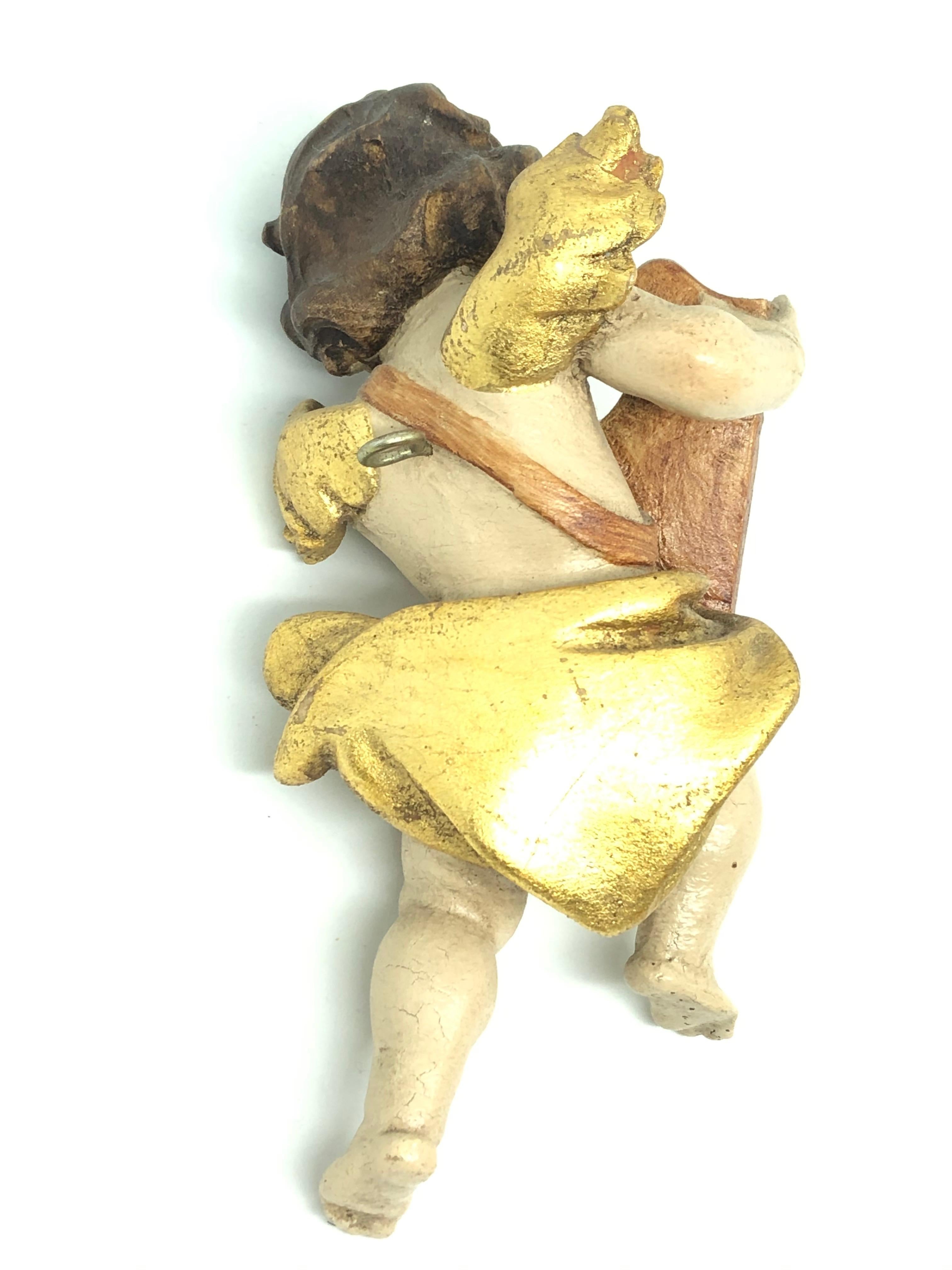 Hand-Carved Hand Carved Musician Cherub Angel Playing Harp, 1950s German Oberammergau