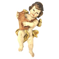 Hand Carved Musician Cherub Angel Playing Harp, 1950s German Oberammergau