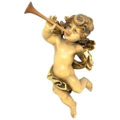Hand Carved Musician Cherub Angel Playing Trombone, ANRI, Italy, 1960s