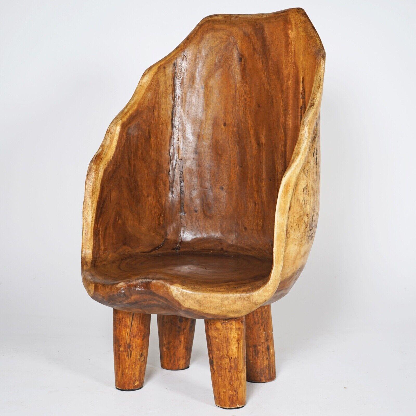 Indian Hand Carved Naga Wooden Barrel Back Chair, Sculptural Functional Art Piece