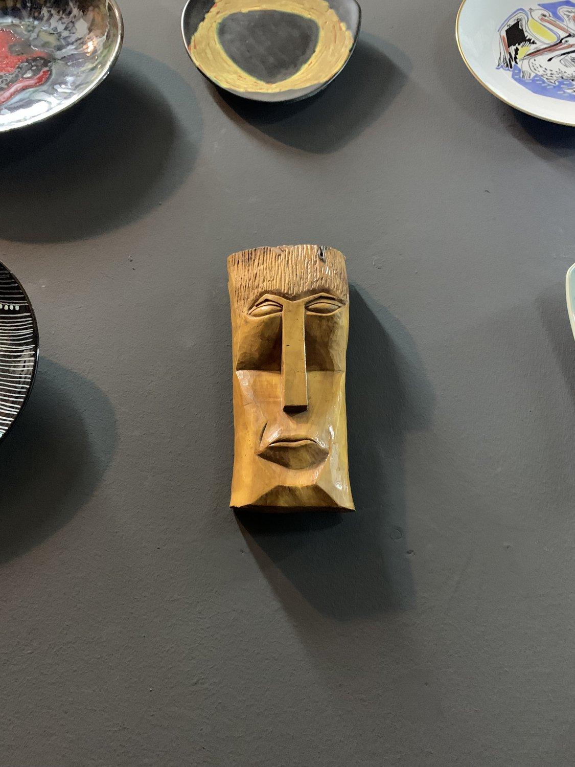 Late 20th Century Hand Carved Naive Mid-Century Wall Mask, 1972 '50287' For Sale