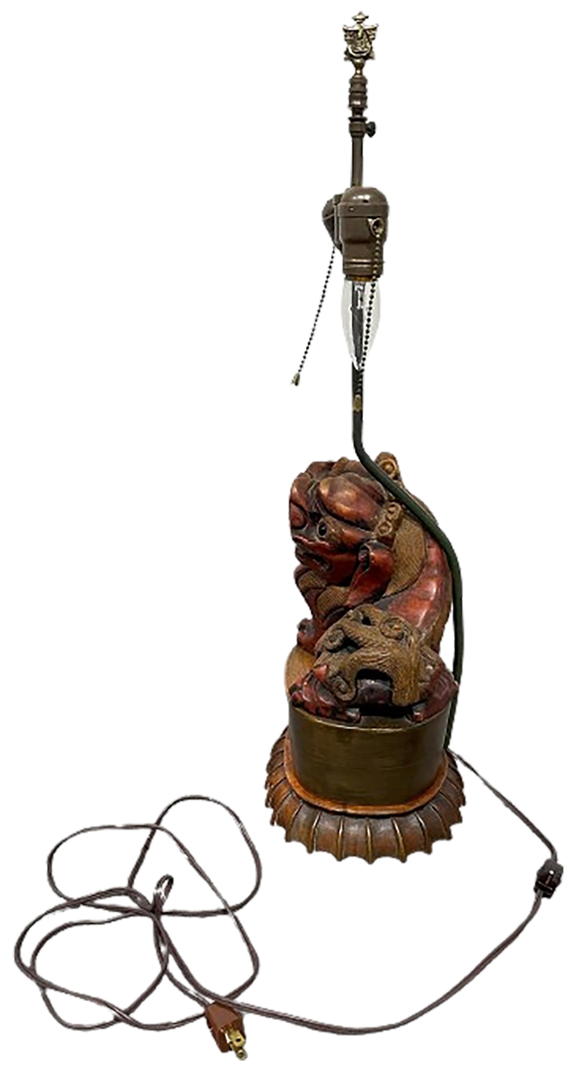 Hand Carved Nanmu Wood Foo Lion Lamp with Dual Bulb Inlet In Good Condition For Sale In Dallas, TX