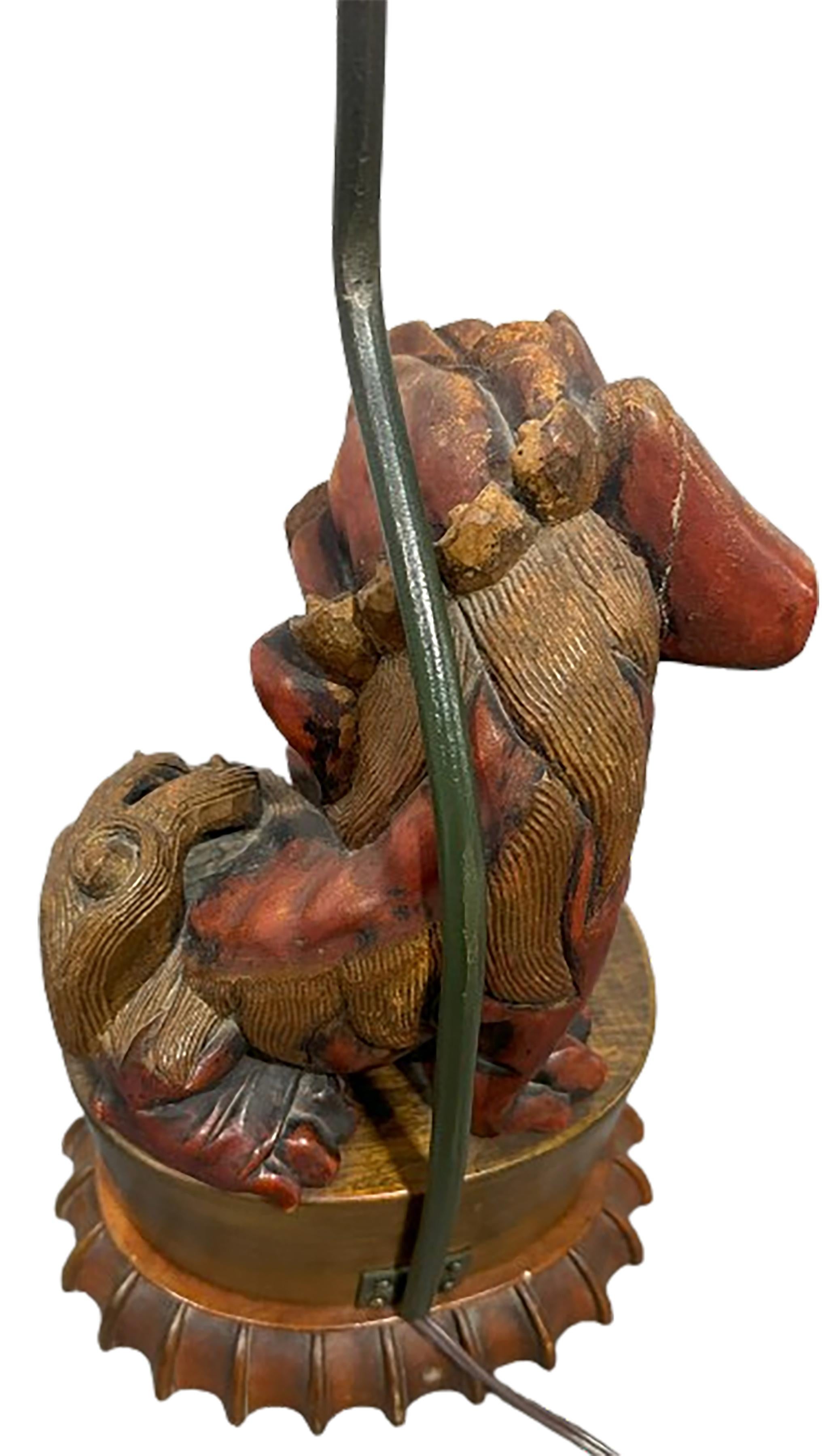19th Century Hand Carved Nanmu Wood Foo Lion Lamp with Dual Bulb Inlet For Sale