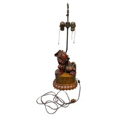 Hand Carved Nanmu Wood Foo Lion Lamp with Dual Bulb Inlet